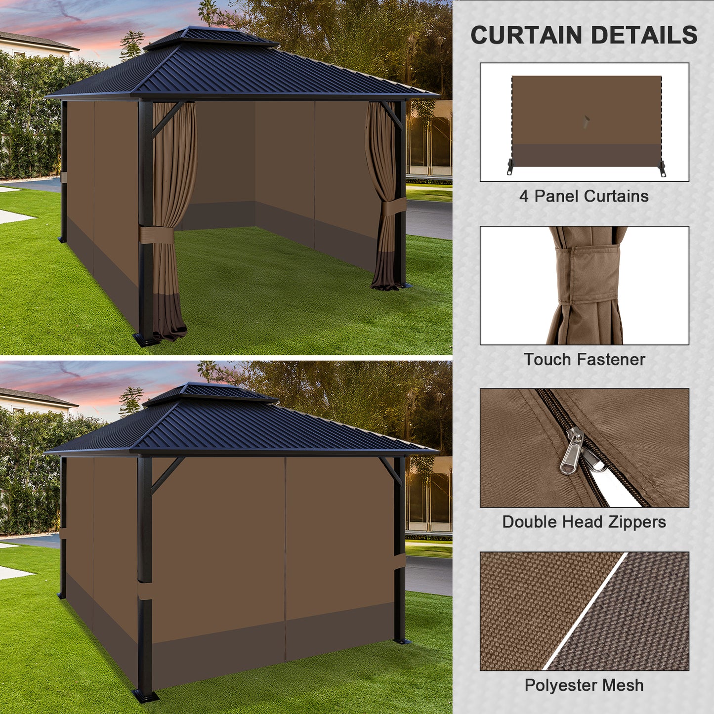 Outdoor Gazebo Curtains, 4 Panels Privacy Sidewall Replacement (Curtain Only) - Brown and Coffee