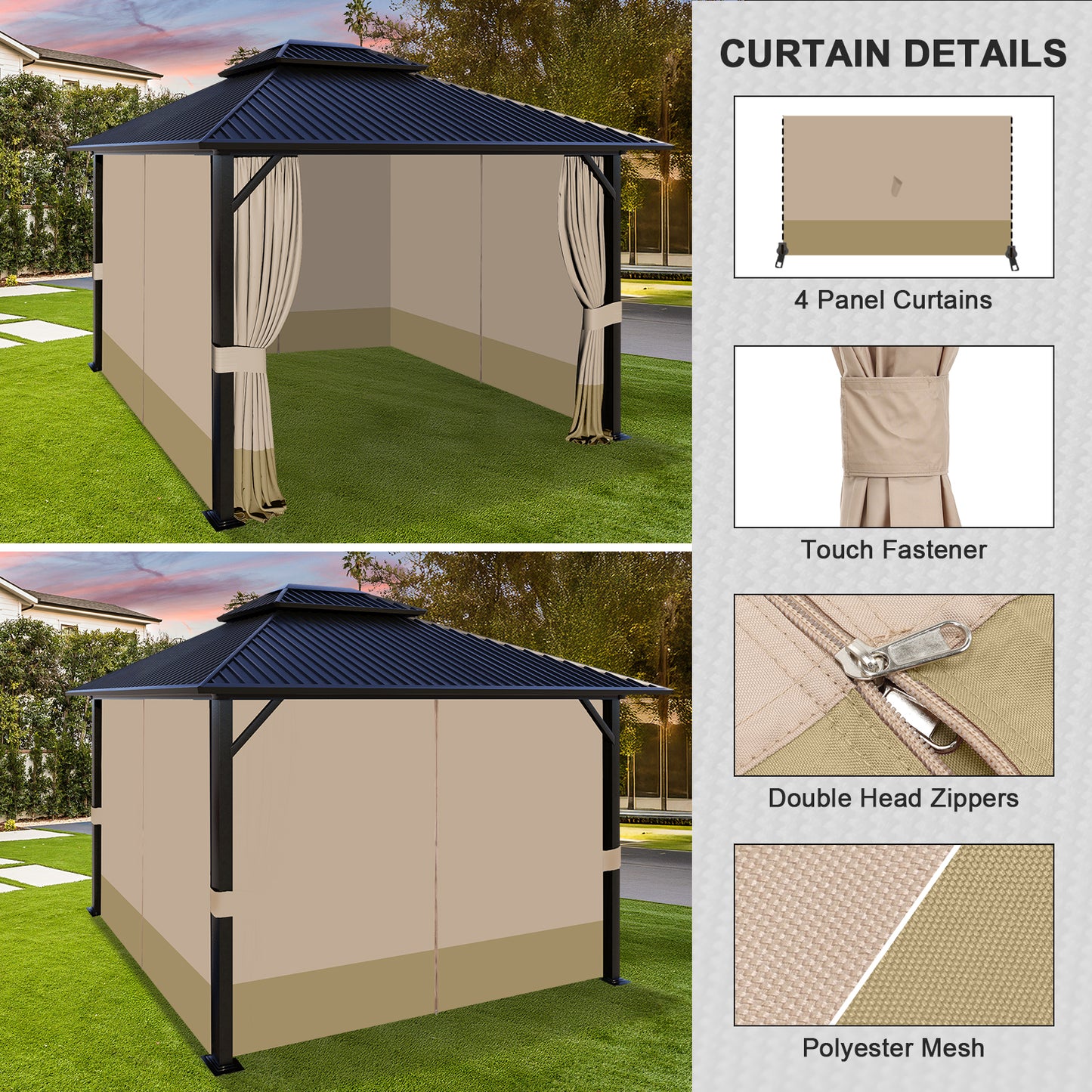 Outdoor Gazebo Curtains, 4 Panels Privacy Sidewall Replacement (Curtain Only) - Sand Yellow and Khaki