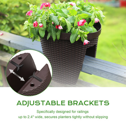 12 inch Balcony Rattan Railing Planter Box with Adjustable Brackets - Set of 4
