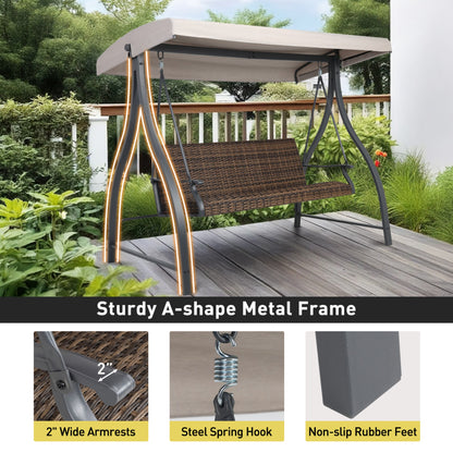 3-Seat Outdoor Rattan Patio Swing with Adjustable Canopy