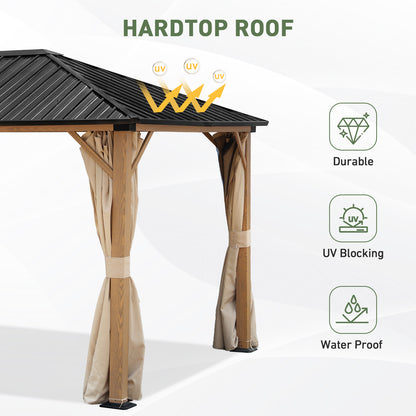 10'x12' Outdoor Hardtop Gazebo with Curtains and Mosquito Nettings, Wooden Finish Coated Aluminum Frame