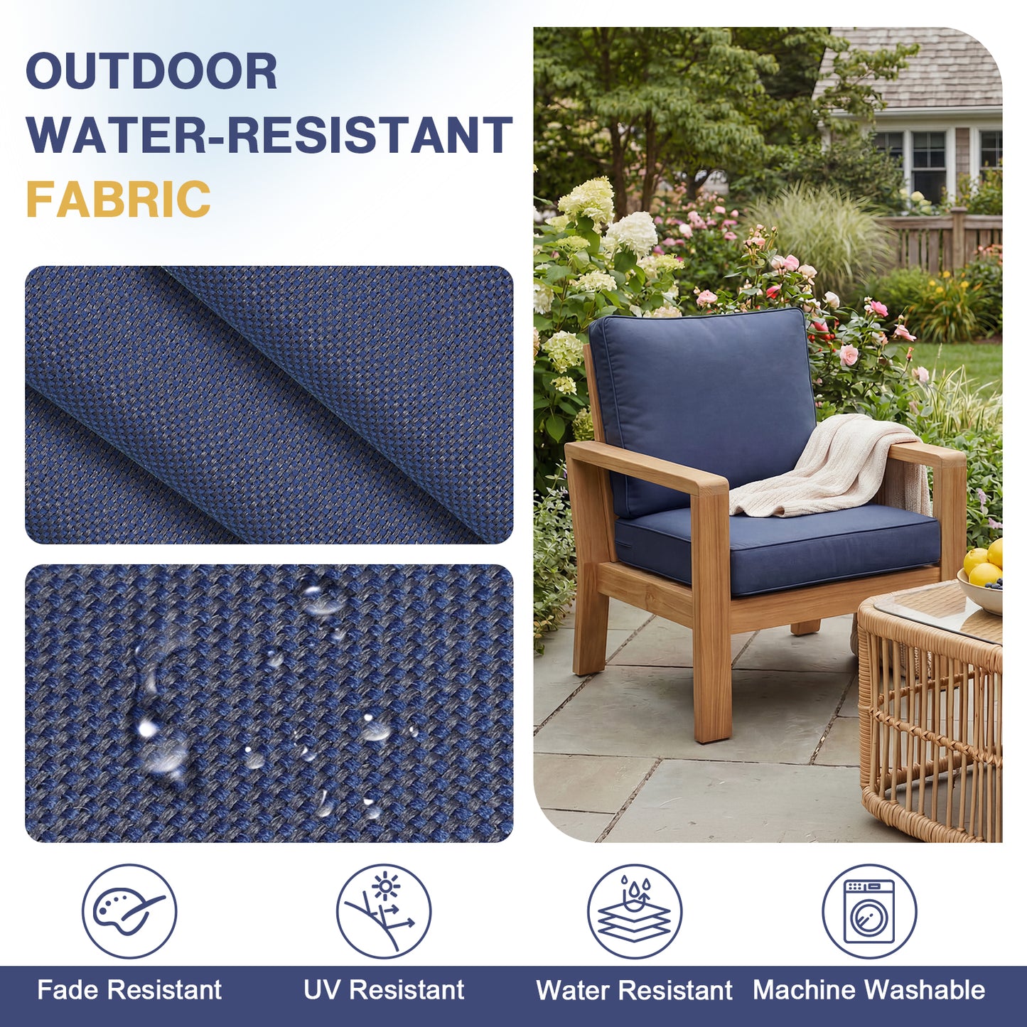 Outdoor Deep Seat Cushion Set, Patio Chair Back & Seat Cushions, Navy Blue