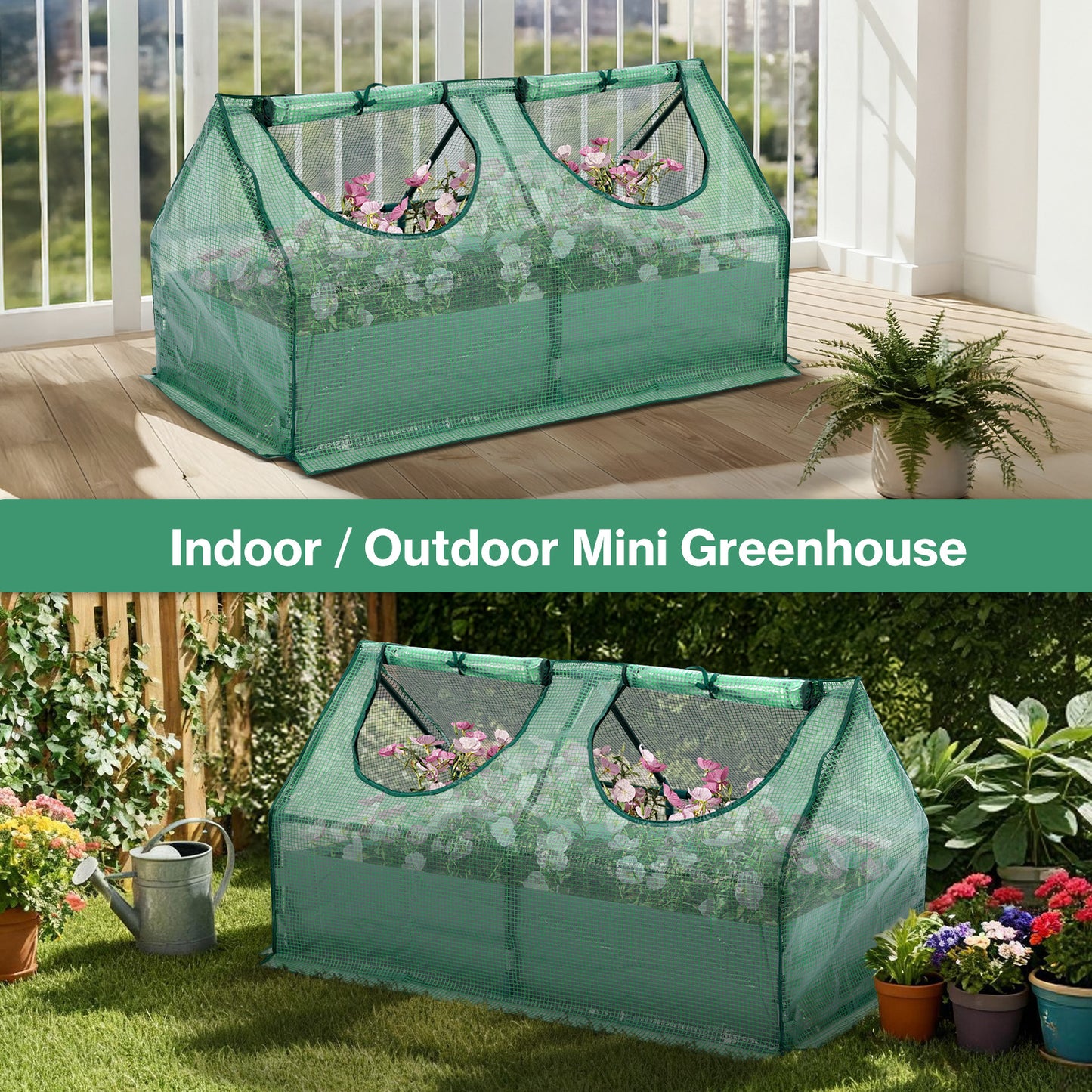 Raised Garden Bed with Mini Greenhouse Cover, Green PE Planter Box Kit