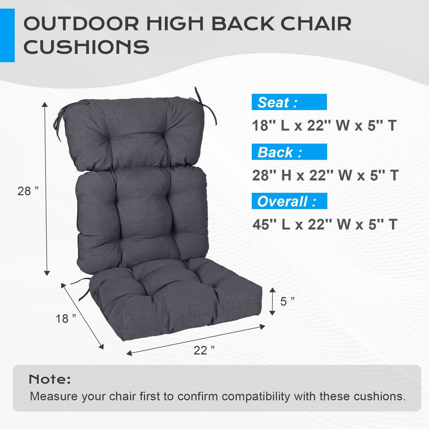 Tufted Outdoor High Back Chair Cushions Patio Replacement Cushion, Dark Gray