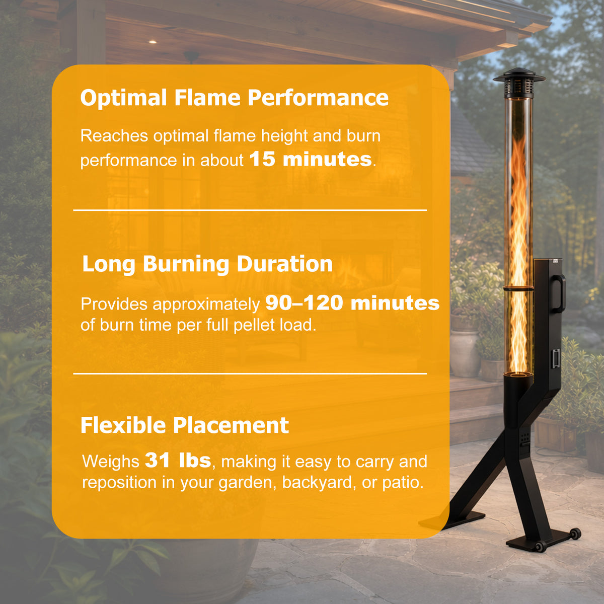 70 inch Wood Pellet Patio Heater, Wood Pellet Fire Tube Stove Portable Pellet Stove with Glass Column, Wheels, Rain Cap and Viewing Window for Porch, Backyard, Garden, and Camping