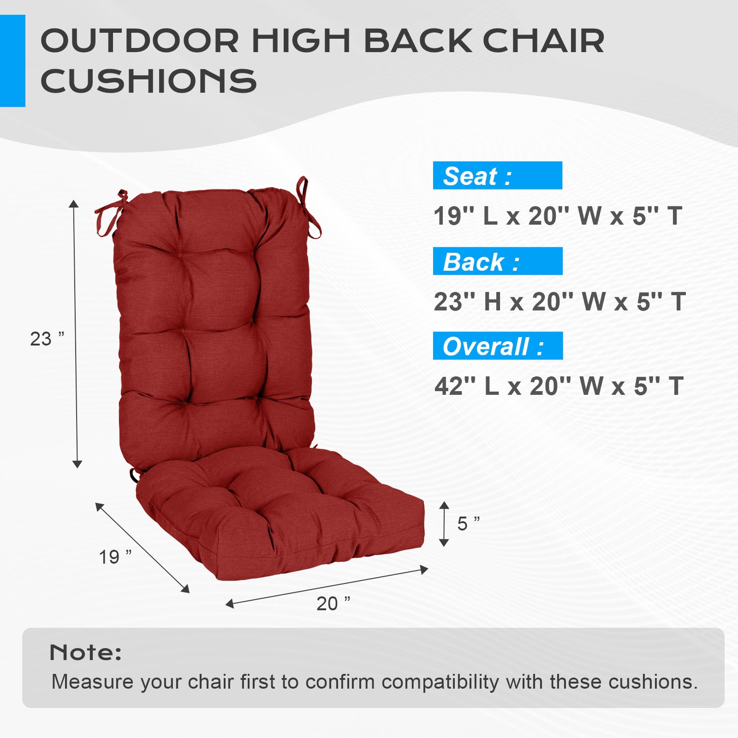 Tufted Outdoor High Back Chair Cushions Patio Replacement Cushion, Red