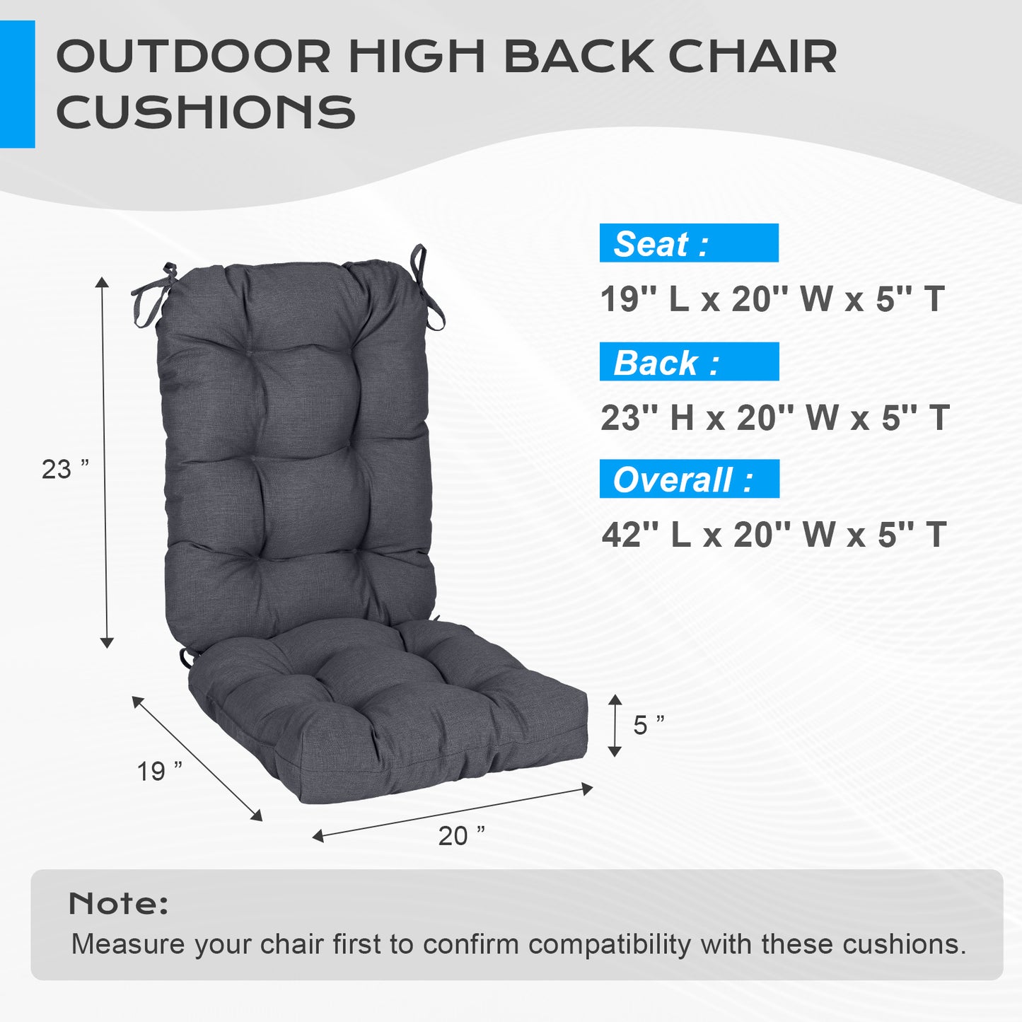 Tufted Outdoor High Back Chair Cushions Patio Replacement Cushion, Dark Gray