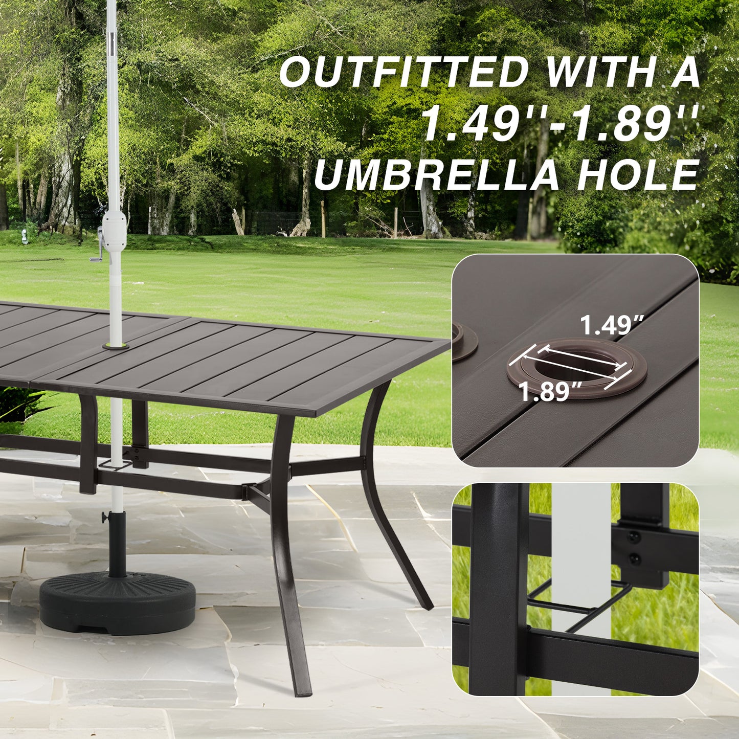 59x38 inch Patio Dining Table for 6 People, Metal Outdoor Table with Adjustable Umbrella Hole