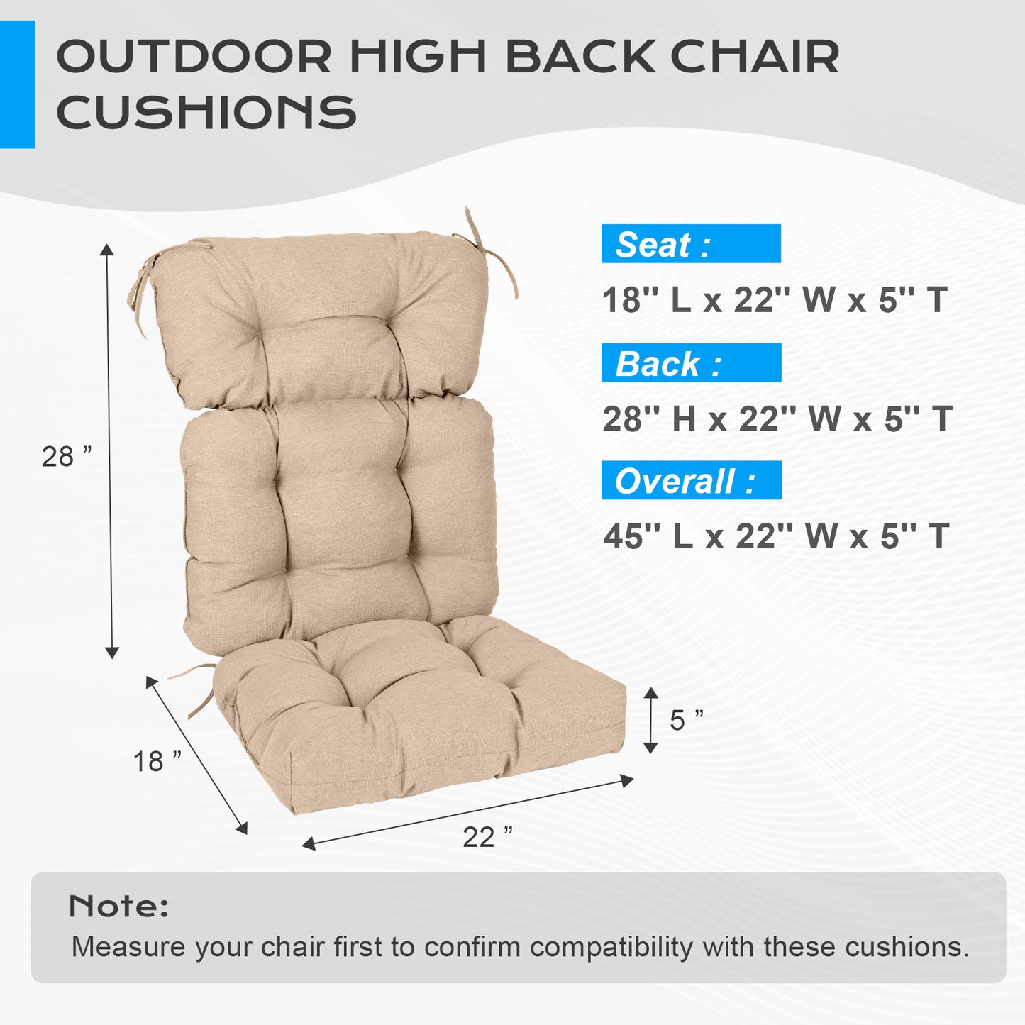 Tufted Outdoor High Back Cushions Patio Replacement Chair Cushion, Khaki