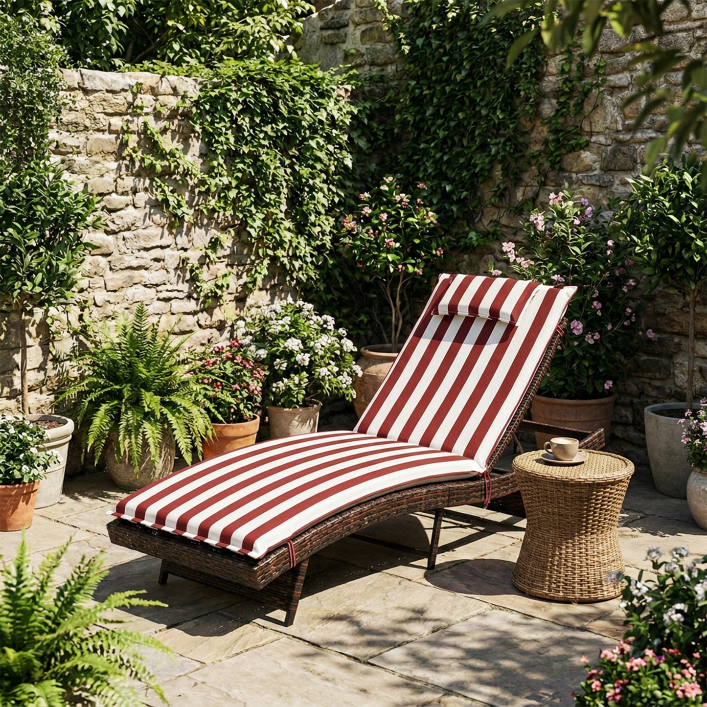 79x25x3 inch Outdoor Lounge Chair Cushion with Headrest, Red Stripe