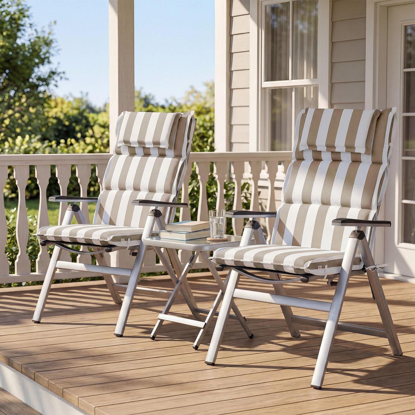47x21x2.4 inch High Back Patio Chair Cushions with Headrest, Beige Stripe