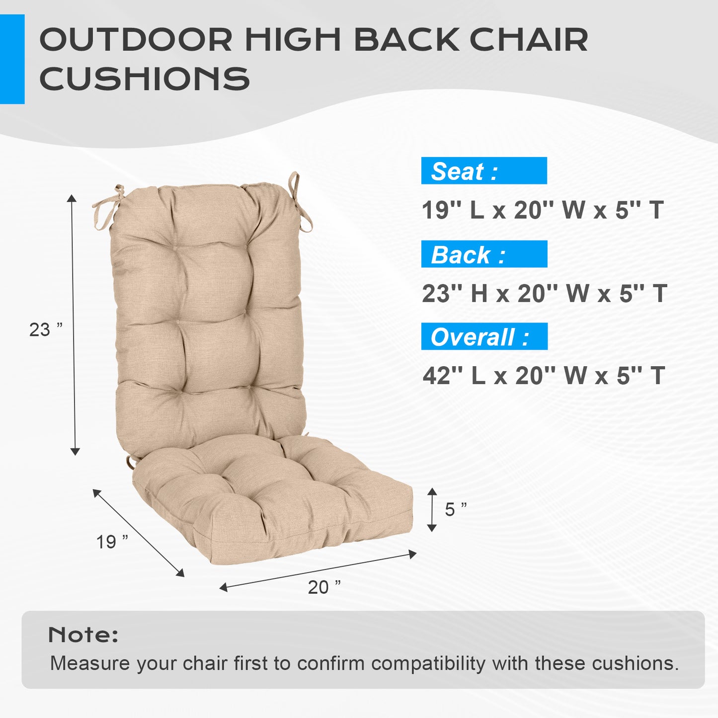 Tufted Outdoor High Back Cushions Patio Replacement Chair Cushion, Khaki