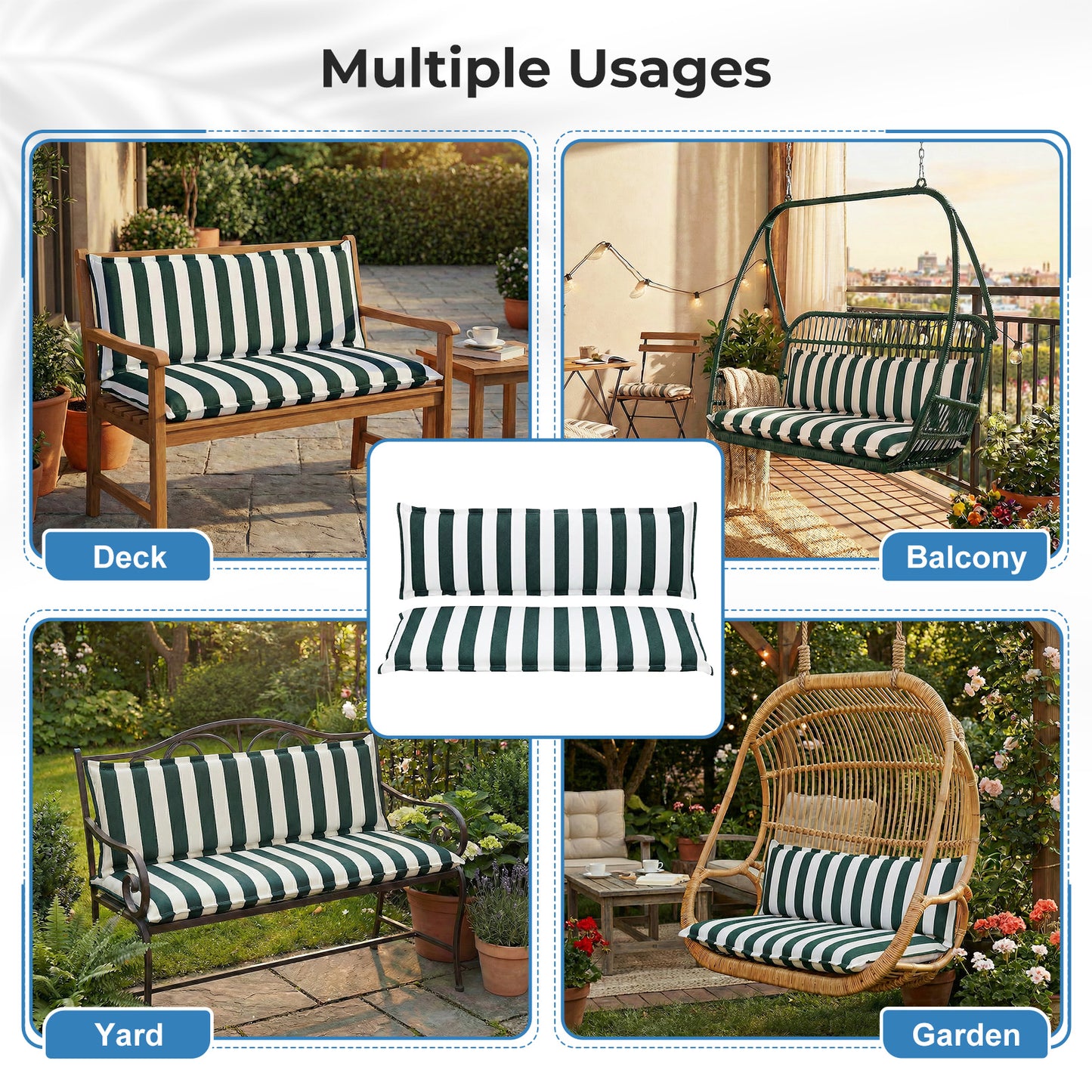 Outdoor 2-3 Seater Bench Cushion Set for Patio Swing and Bench, Green Stripe