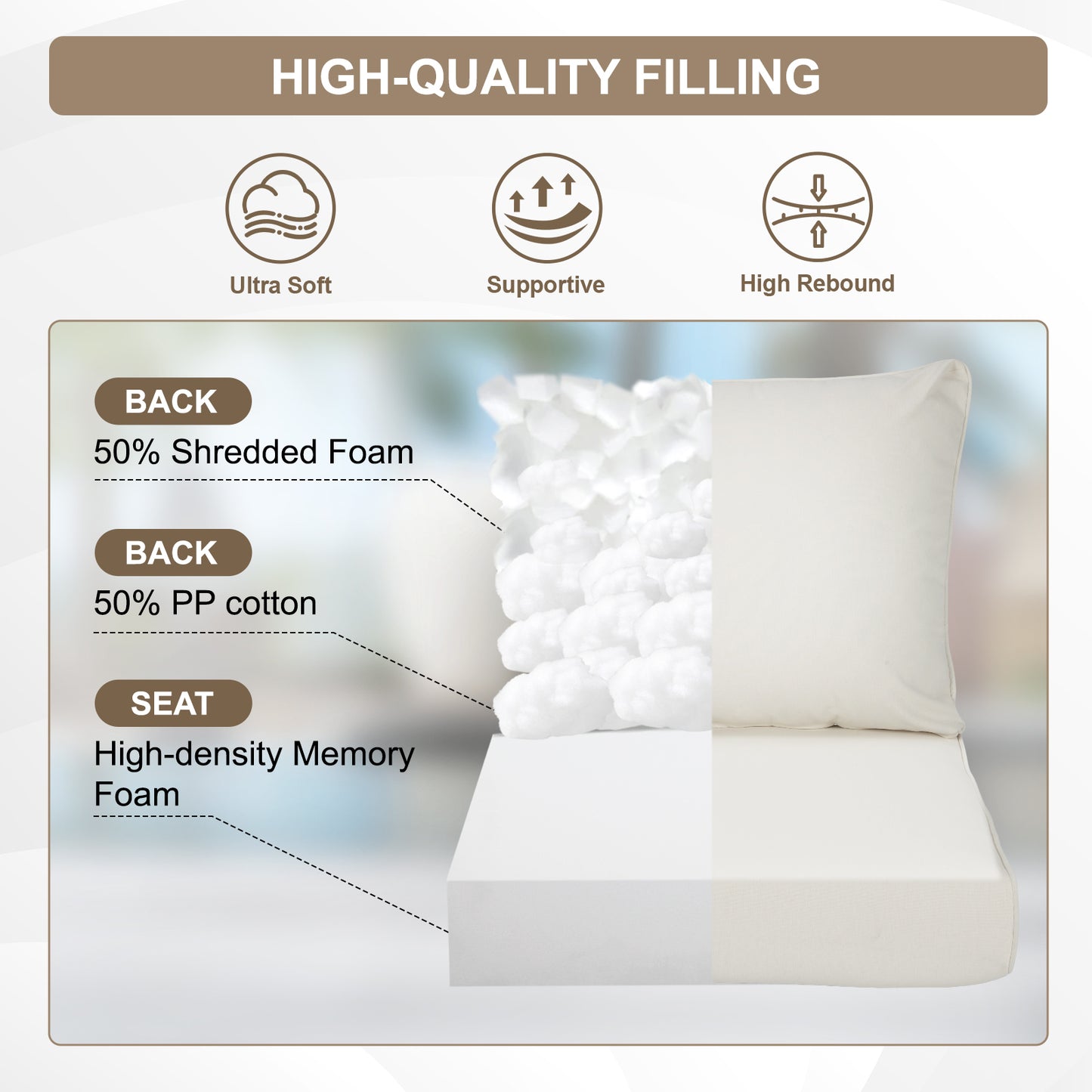 Waterproof Outdoor Deep Seat Cushion Set with Adjustable Straps & Removable Cover - Ivory White Aoodor 