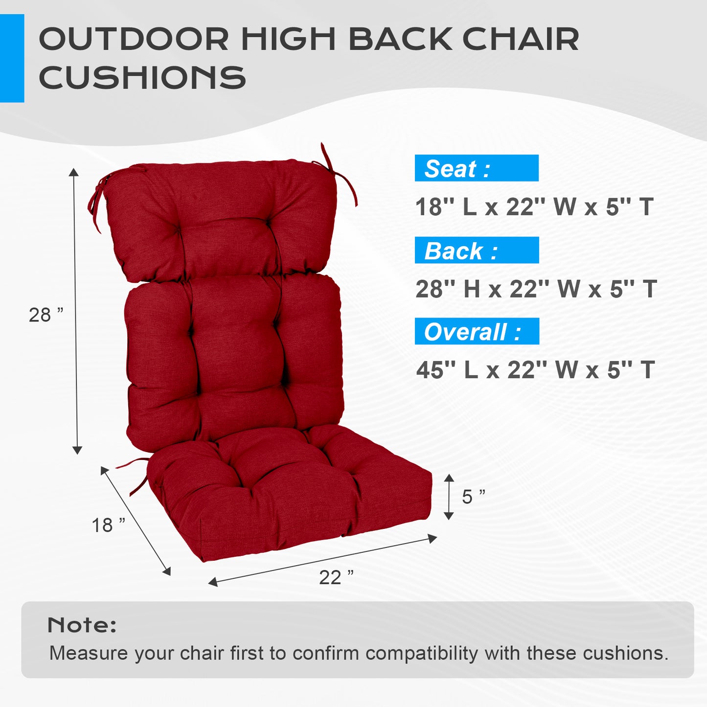 Tufted Outdoor High Back Chair Cushions Patio Replacement Cushion, Red