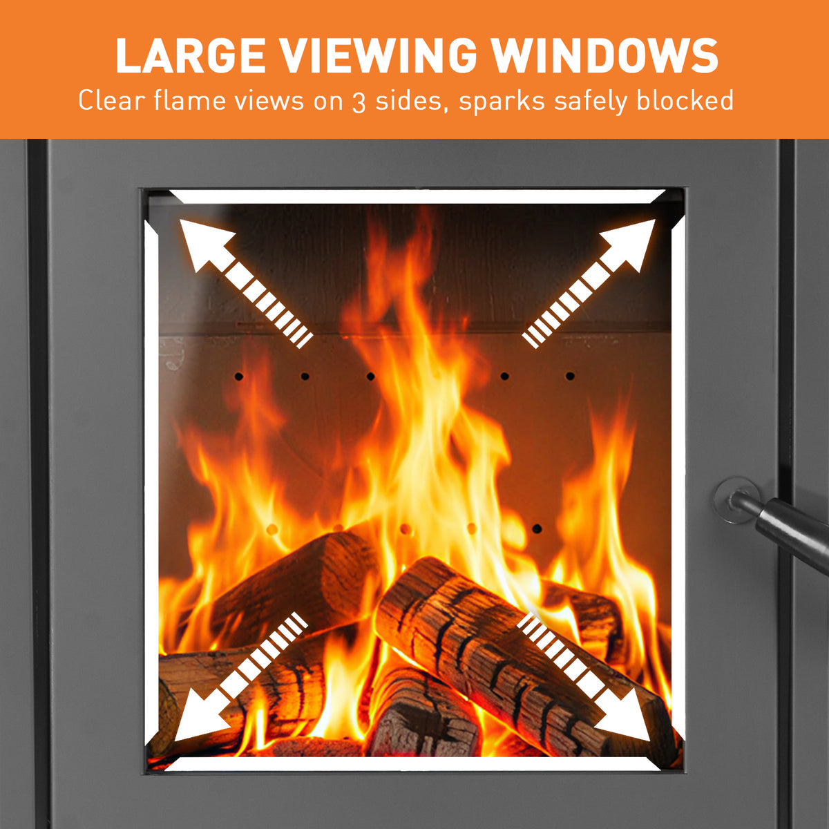 Close-up of burning logs and flames through the outdoor fireplace's front viewing window, with arrows marking its size.