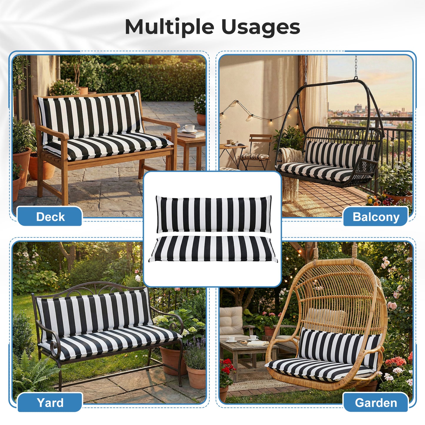 Outdoor 2-3 Seater Bench Cushion Set for Patio Swing and Bench, Black Stripe