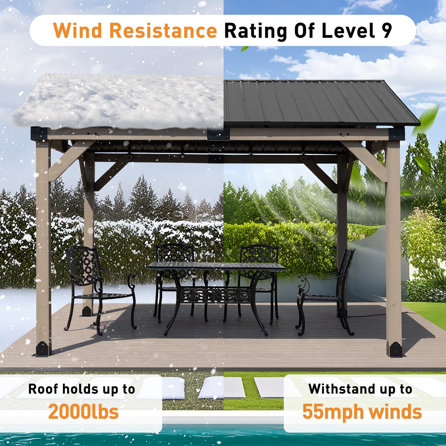 10'x12' Outdoor Patio Wooden Frame Gazebo with Galvanized Metal Hardtop Roof and Outlets