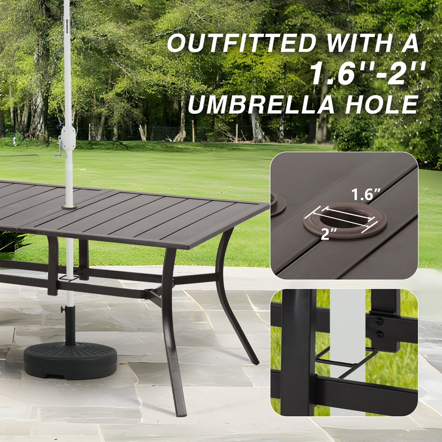 Patio Dining Table for 6, 59 inch Rectangular Metal Outdoor Patio Table with Umbrella Hole