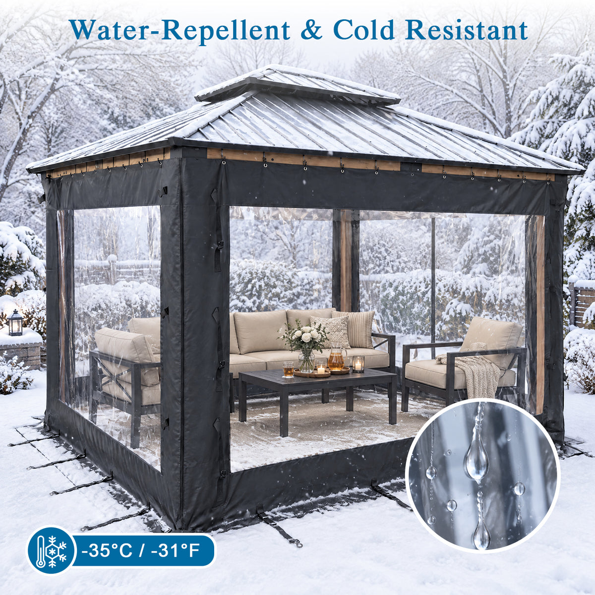 Aoodor Clear PVC Gazebo Curtains 10x10ft Outdoor Water-repellent Windproof