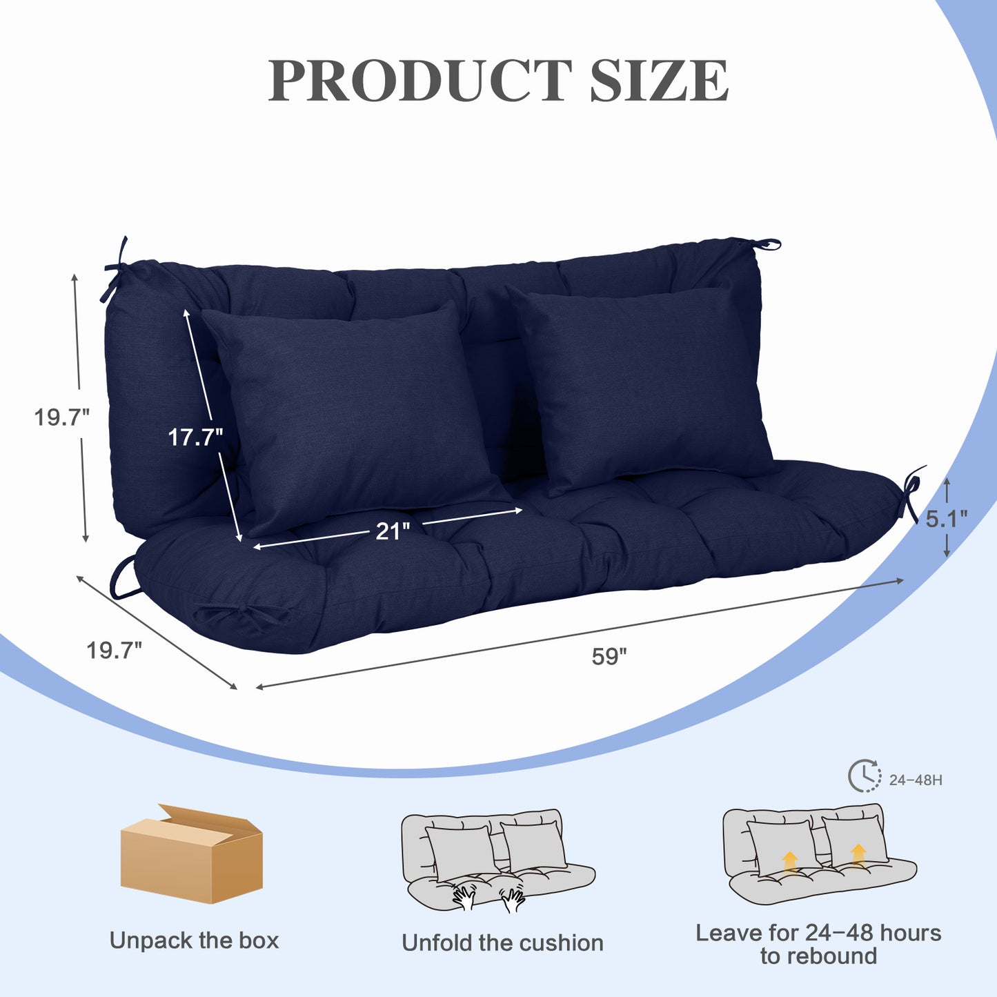 59" Tufted Porch Swing Cushions, Extra 5.1" Thick Outdoor Swing Bench Replacement Cushion with Backrest and 2 Pillows - Dark Blue Aoodor 