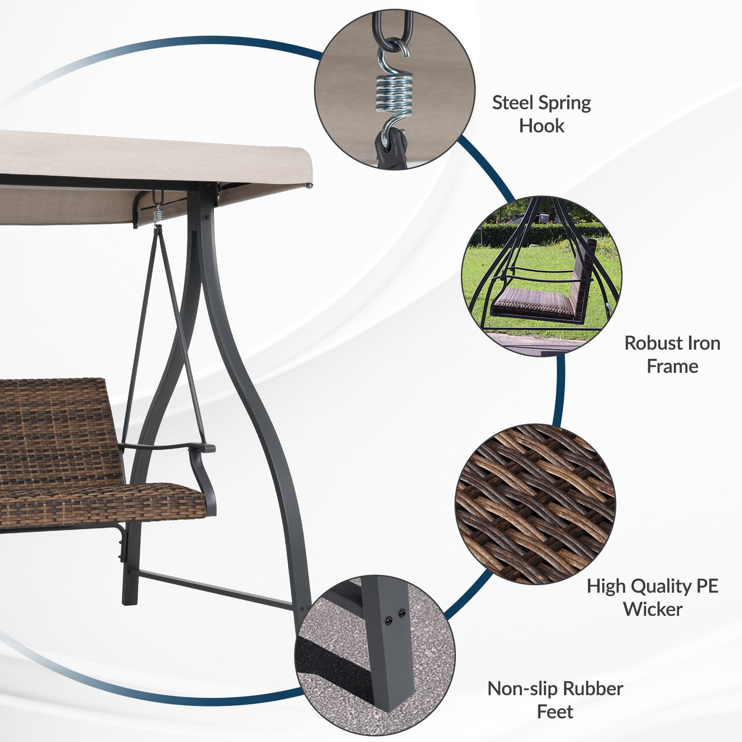 3-Seat Outdoor Rattan Patio Swing with Adjustable Canopy