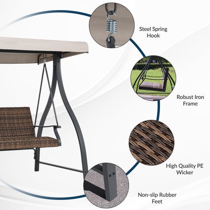 3-Seat Outdoor Rattan Patio Swing with Adjustable Canopy