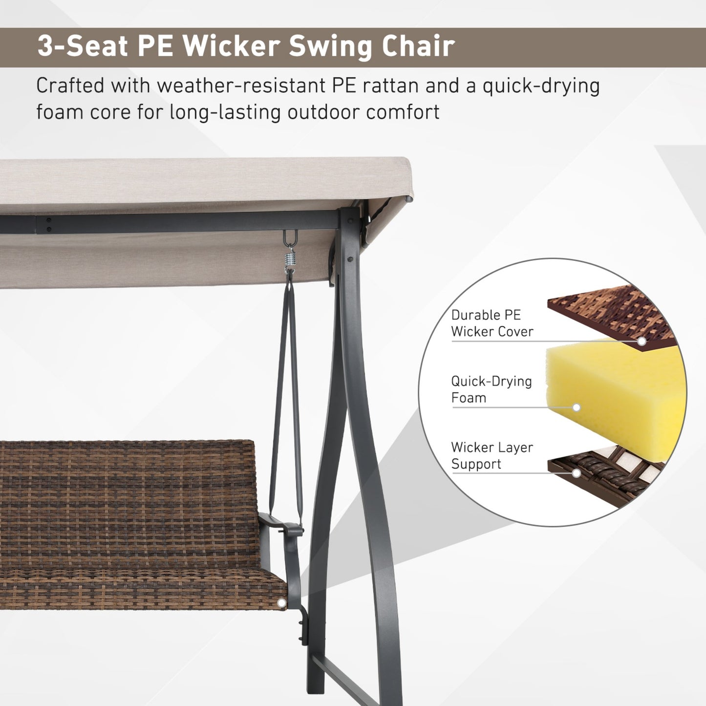 3-Seat Outdoor Rattan Patio Swing with Adjustable Canopy Aoodor 
