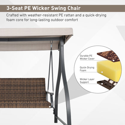 3-Seat Outdoor Rattan Patio Swing with Adjustable Canopy