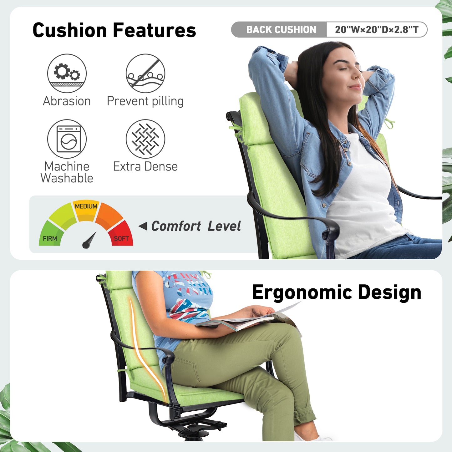 Outdoor High Back Dining Chair Cushion Set, Polyester Fabric, TPU Water Repellent Coating, Green Aoodor 