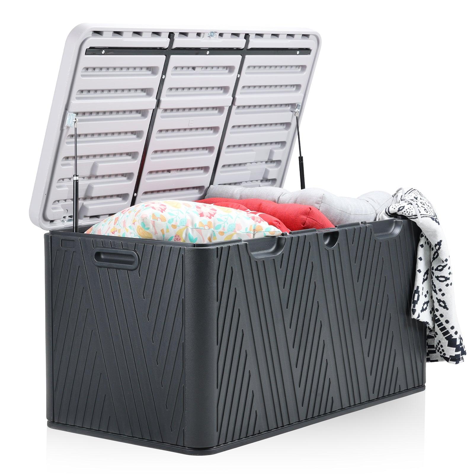 71 Gallon Deck Box, Lockable Storage UV Resistant Container with Hydraulic Rods for Patio Furniture Outdoor Cushions, Garden Tools and Sports Equipments，Aoodor（BLACK）