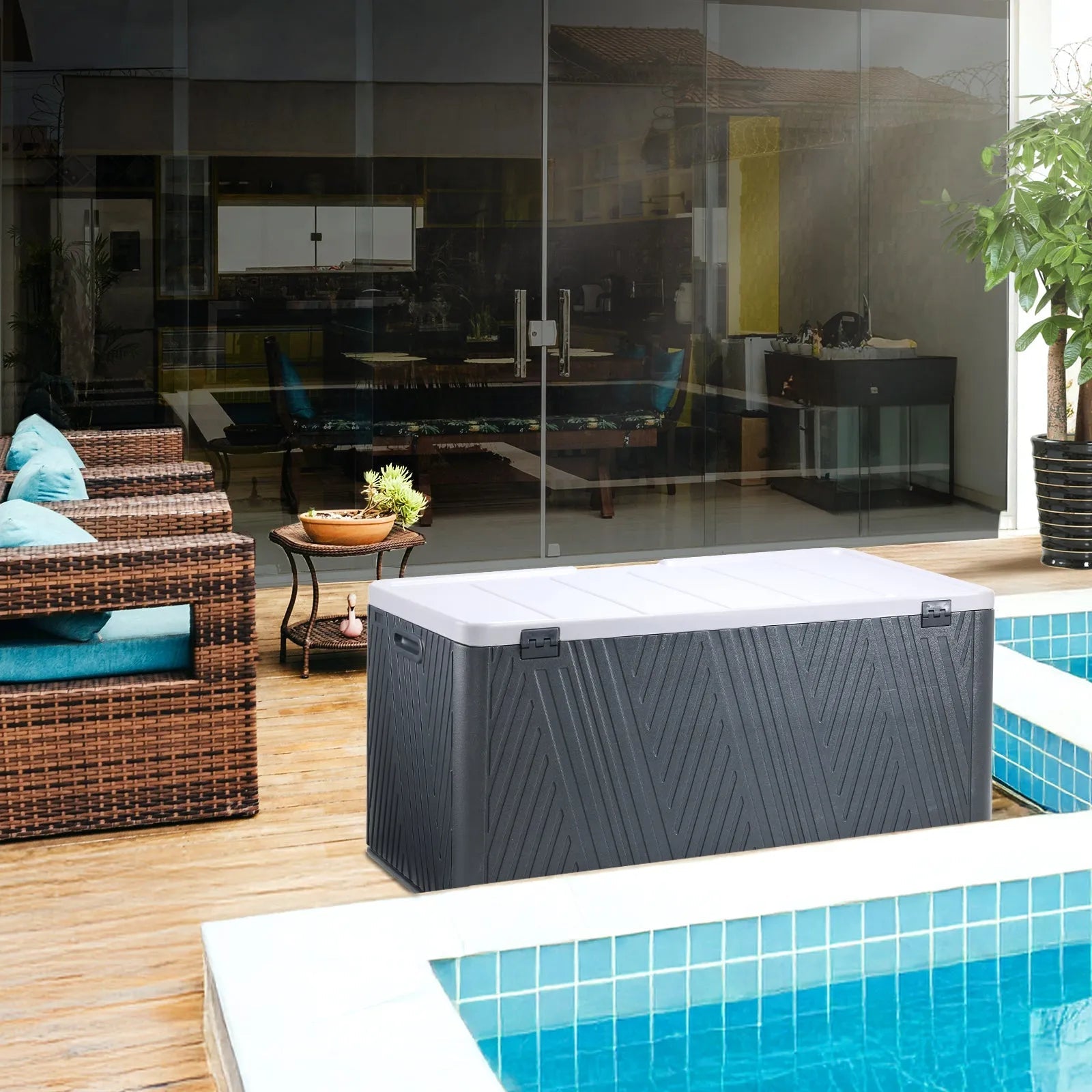 71 Gallon Deck Box, Lockable Storage UV Resistant Container with Hydraulic Rods for Patio Furniture Outdoor Cushions, Garden Tools and Sports Equipments，Aoodor（BLACK） Aoodor 