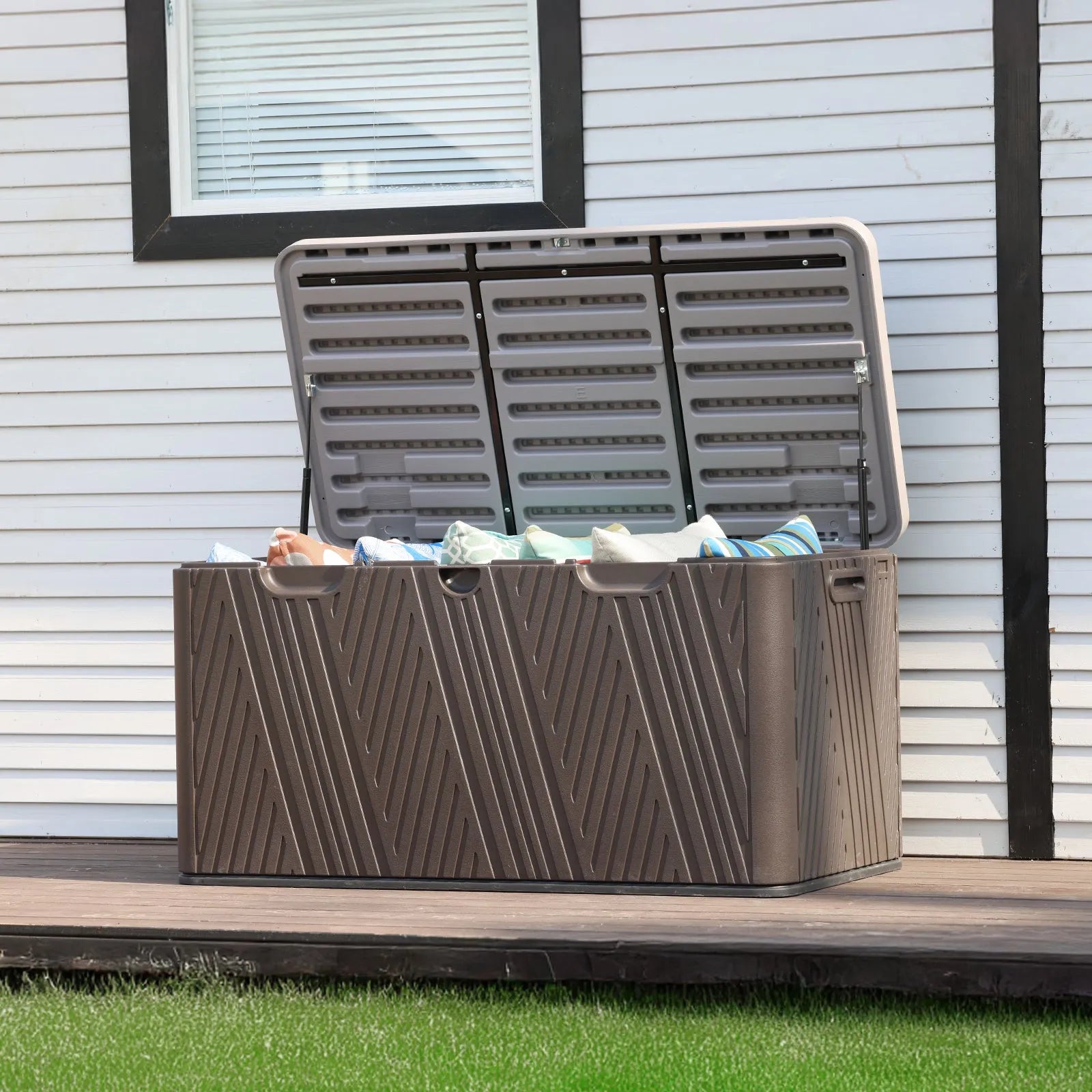 71 Gallon Deck Box, Lockable Storage UV Resistant Container with Hydraulic Rods for Patio Furniture Outdoor Cushions, Garden Tools and Sports Equipments，Aoodor（Brown） Aoodor 