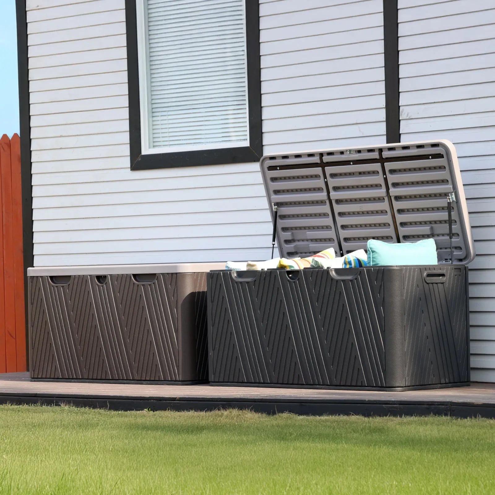 71 Gallon Deck Box, Lockable Storage UV Resistant Container with Hydraulic Rods for Patio Furniture Outdoor Cushions, Garden Tools and Sports Equipments，Aoodor Aoodor 
