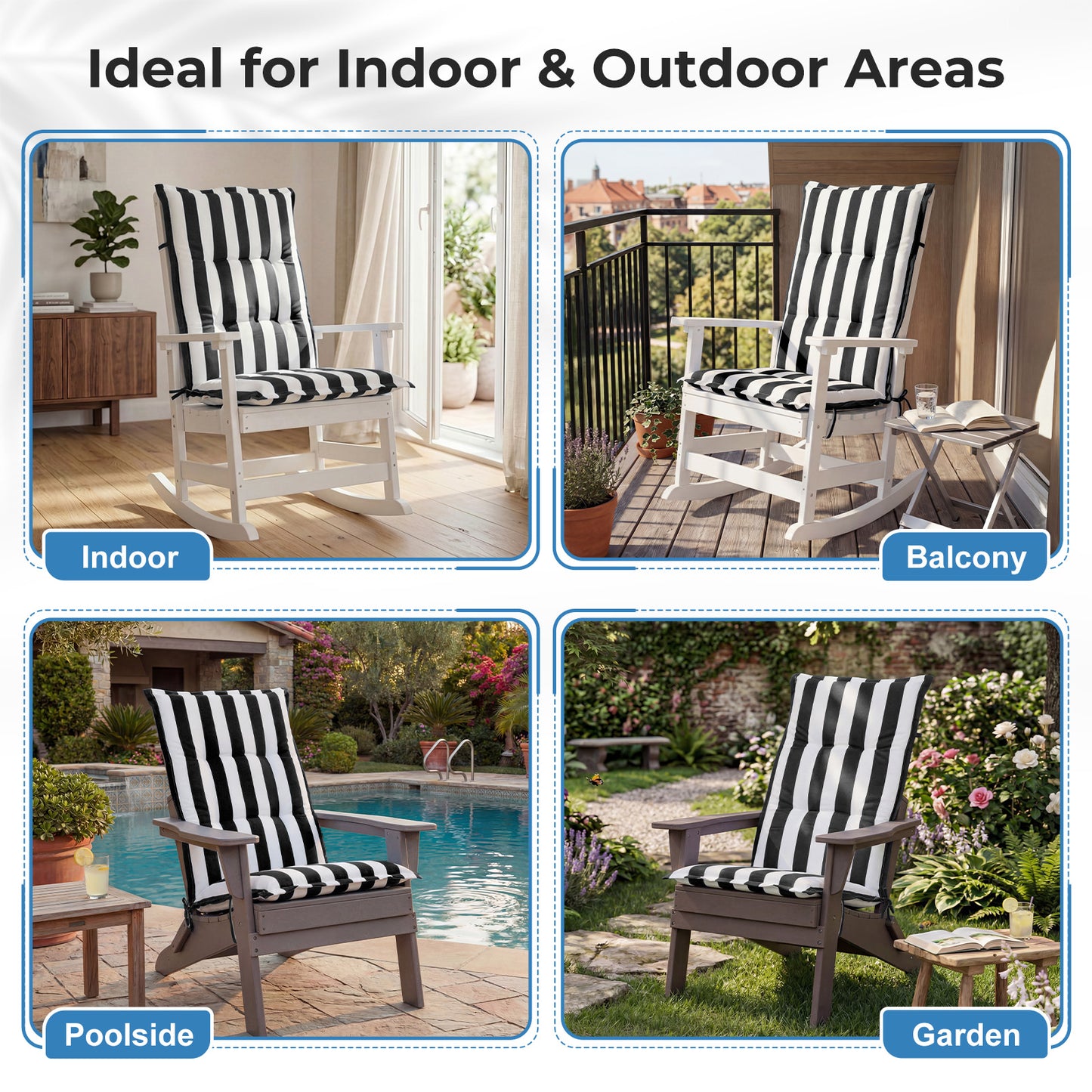 47x21x2.4 inch High Back Tufted Patio Chair Cushions, Black Stripe