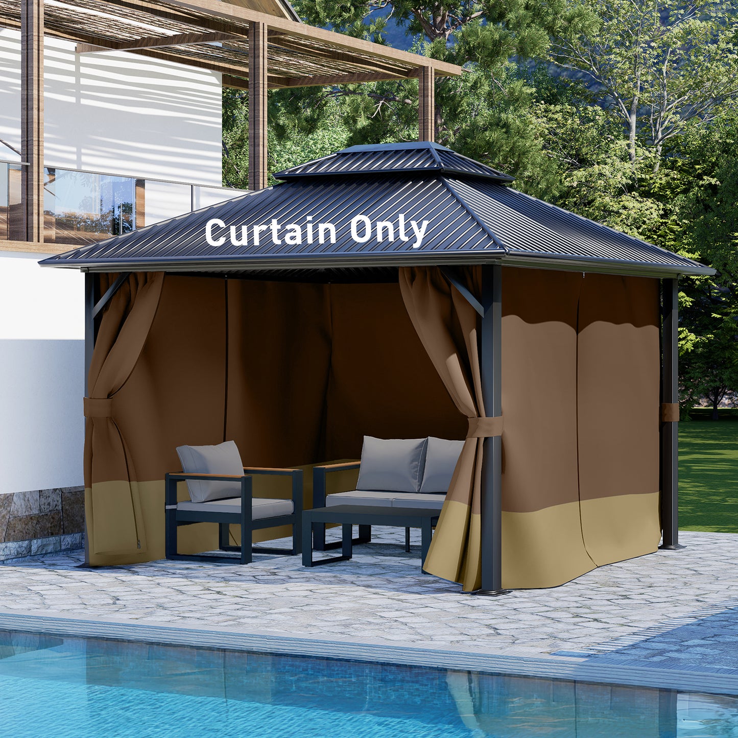 Outdoor Gazebo Curtains, 4 Panels Privacy Sidewall Replacement (Curtain Only) - Coffee and Khaki