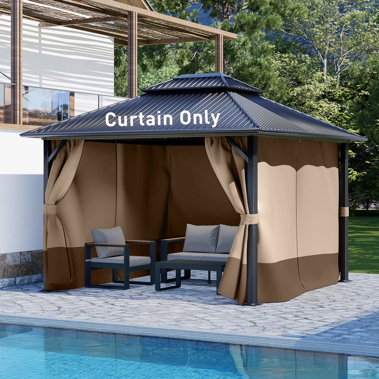 Outdoor Gazebo Curtains, 4 Panels Privacy Sidewall Replacement (Curtain Only) - Sand Yellow and Brown