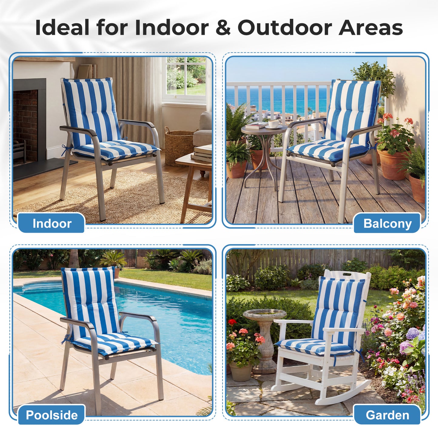 39x20x2.4 inch Outdoor Tufted Chair Cushions, Blue Stripe