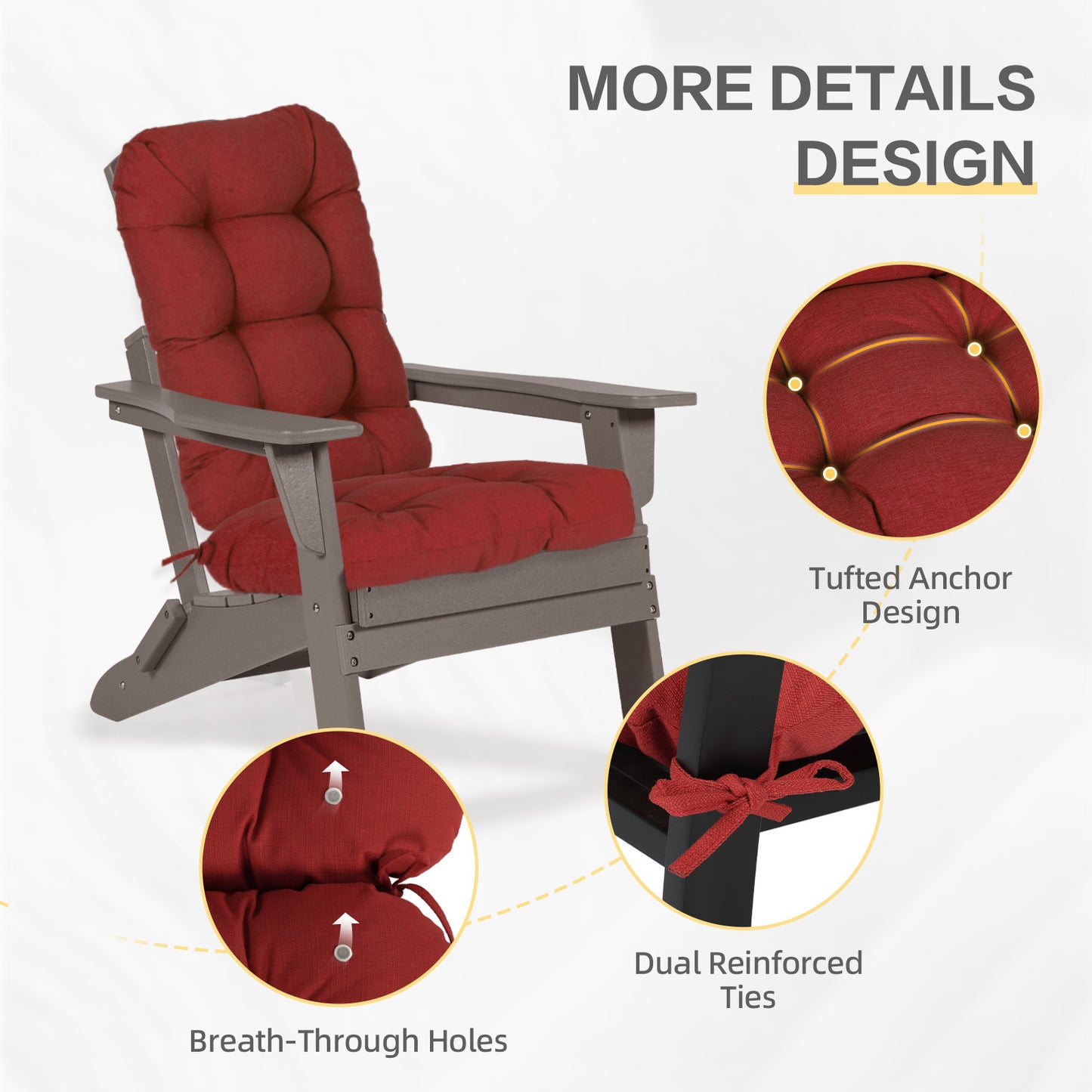 Outdoor High Back Tufted Adirondack Chair Cushion, Patio Rocking Chair Cushions with Ties, Set of 2, Red