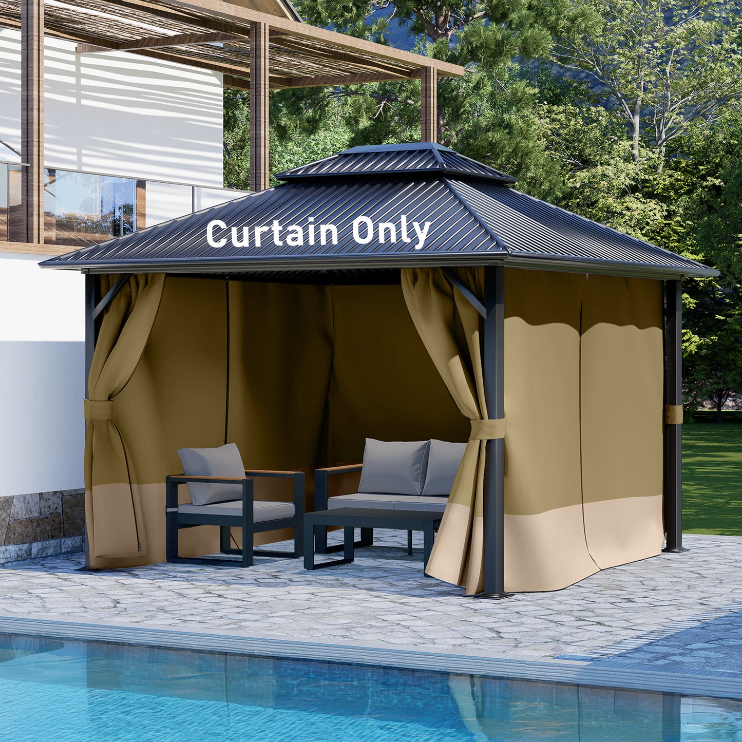 Outdoor Gazebo Curtains, 4 Panels Privacy Sidewall Replacement (Curtain Only) - Khaki and Sand Yellow