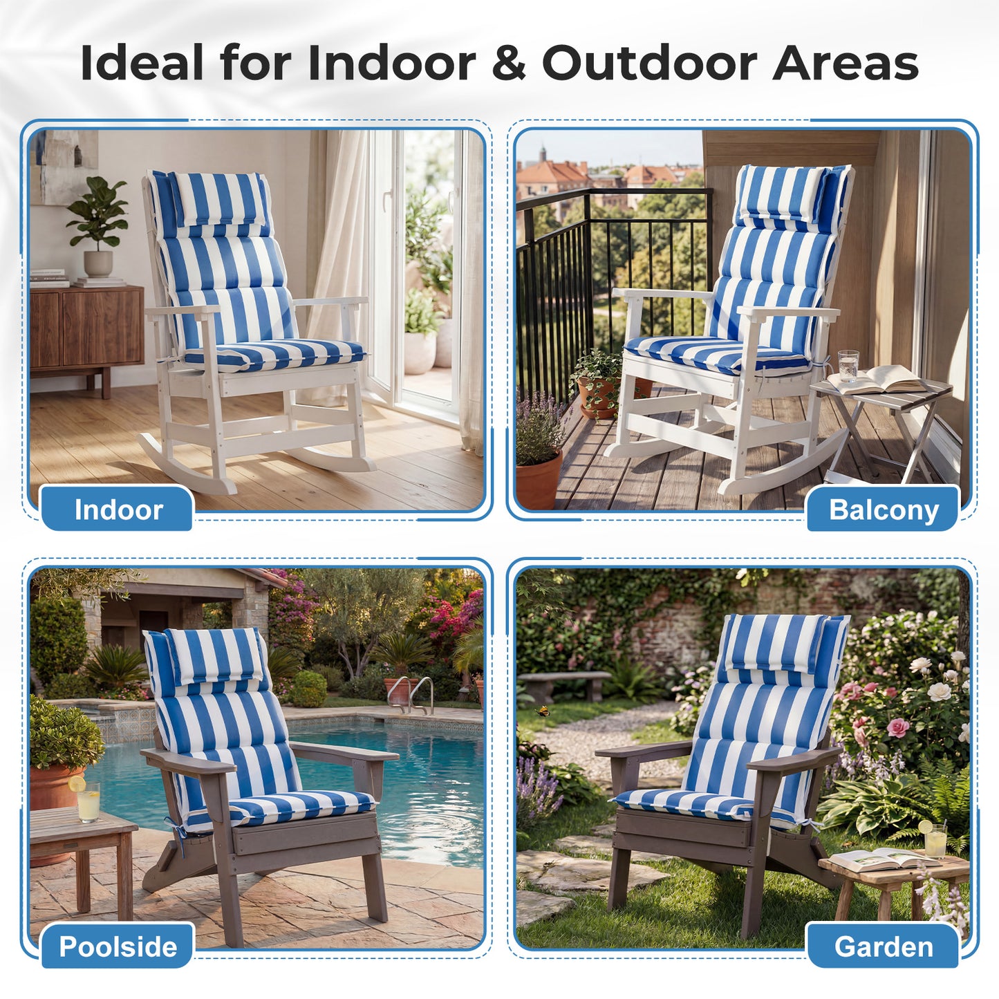 47x21x2.4 inch High Back Patio Chair Cushions with Headrest, Blue Stripe