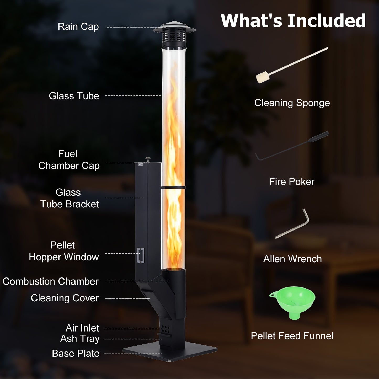 56 Inch Patio Pellet Heater Outdoor Smokeless Wood Pellet Burning Flame with Rain Cap and Viewing Window