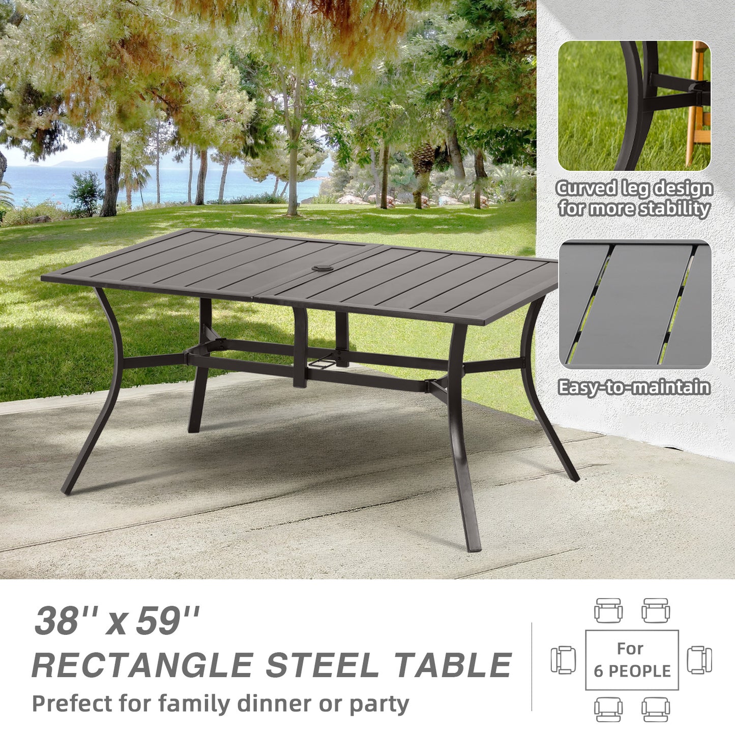 59x38 inch Patio Dining Table for 6 People, Metal Outdoor Table with Adjustable Umbrella Hole