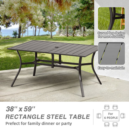 59x38 inch Patio Dining Table for 6 People, Metal Outdoor Table with Adjustable Umbrella Hole