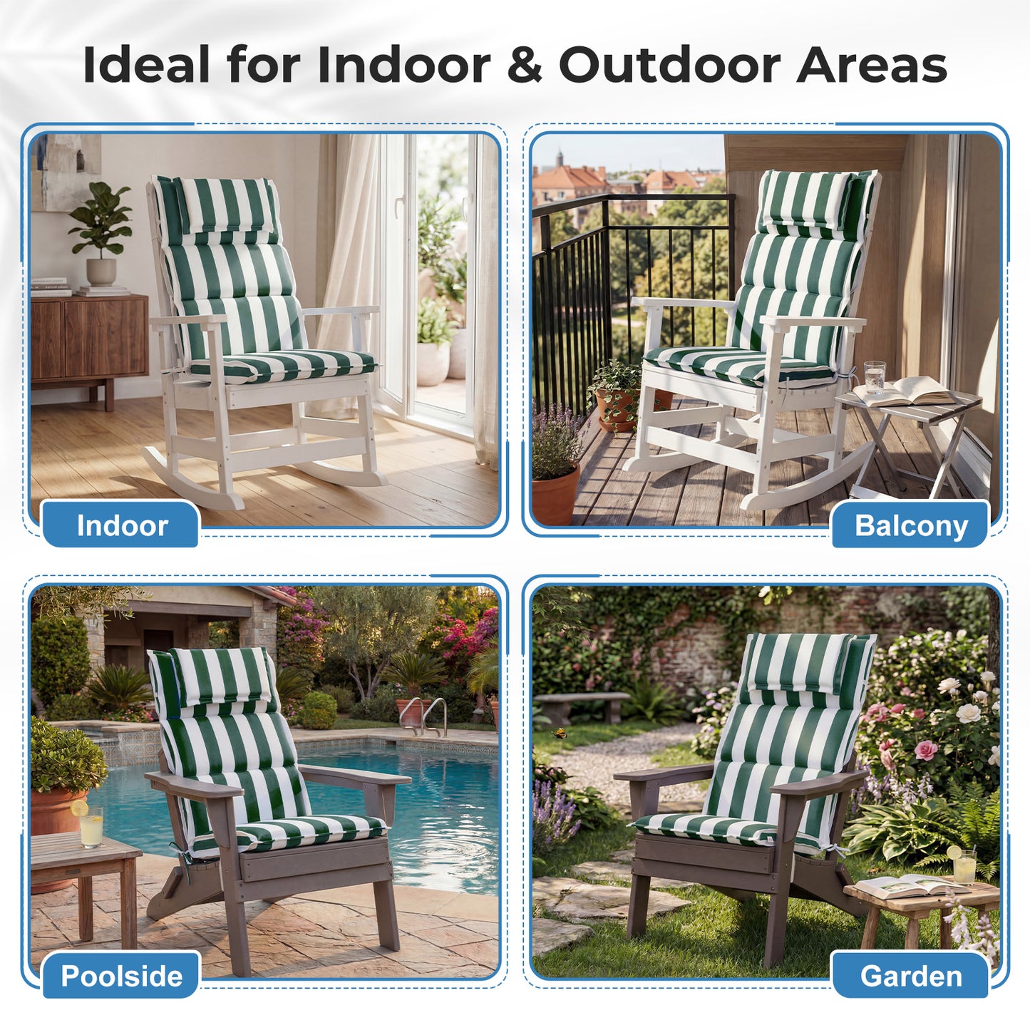 47x21x2.4 inch High Back Patio Chair Cushions with Headrest, Green Stripe
