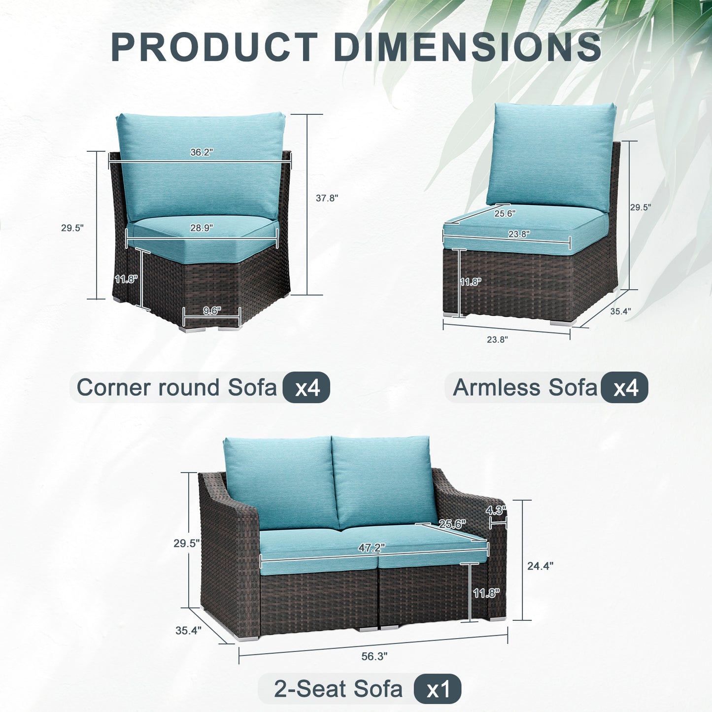 10-Piece Half-Moon Wicker Outdoor Sectional Set with Turquoise Cushions