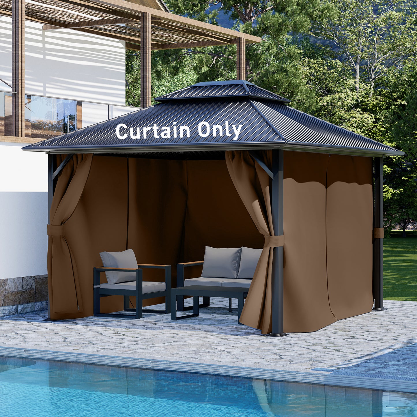 Outdoor Gazebo Curtains, 4 Panels Privacy Sidewall Replacement (Curtain Only) - Brown