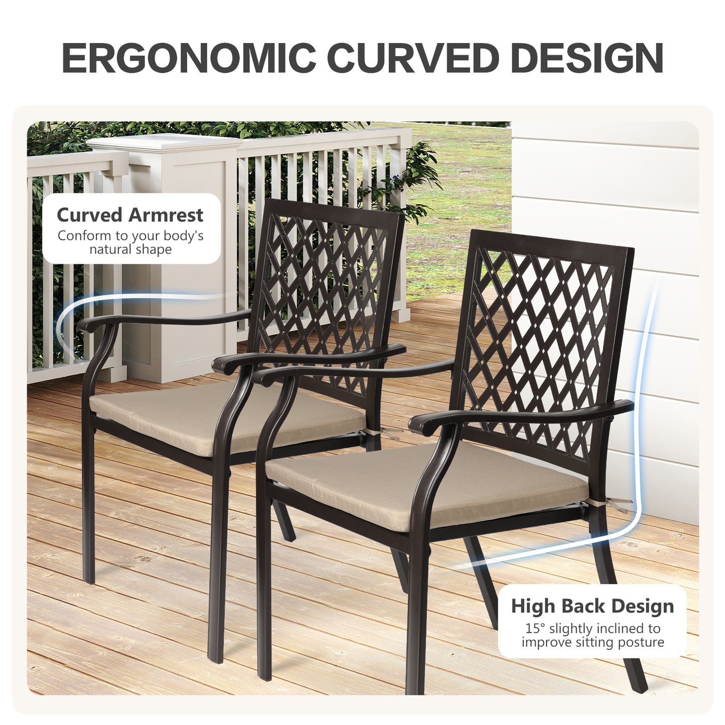 2-Piece Set Outdoor Patio Metal Dining Chairs with Seat Cushions