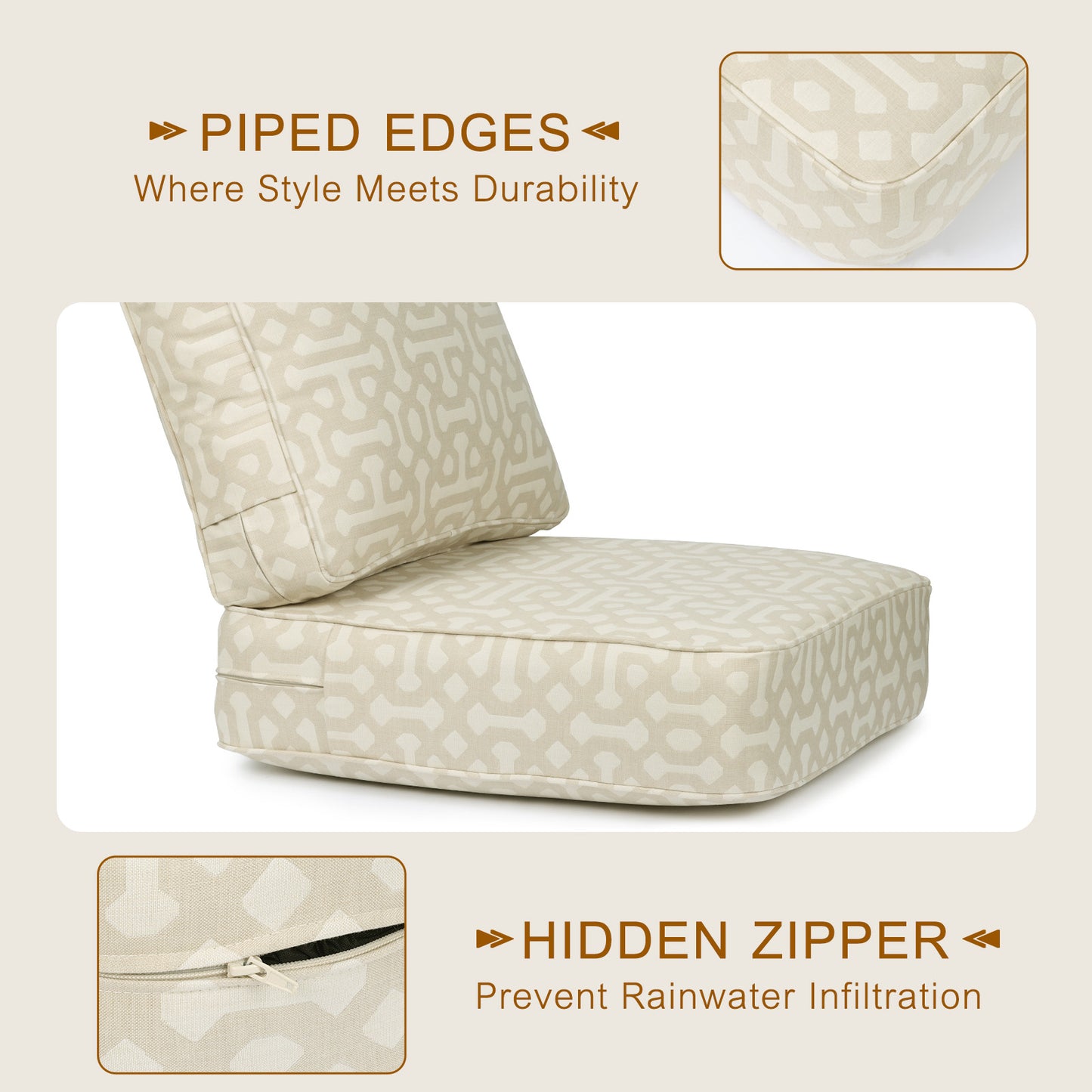 Premium Sunbrella Fabric Outdoor Patio Chair Cushions Set, Fretwork Flax Aoodor 