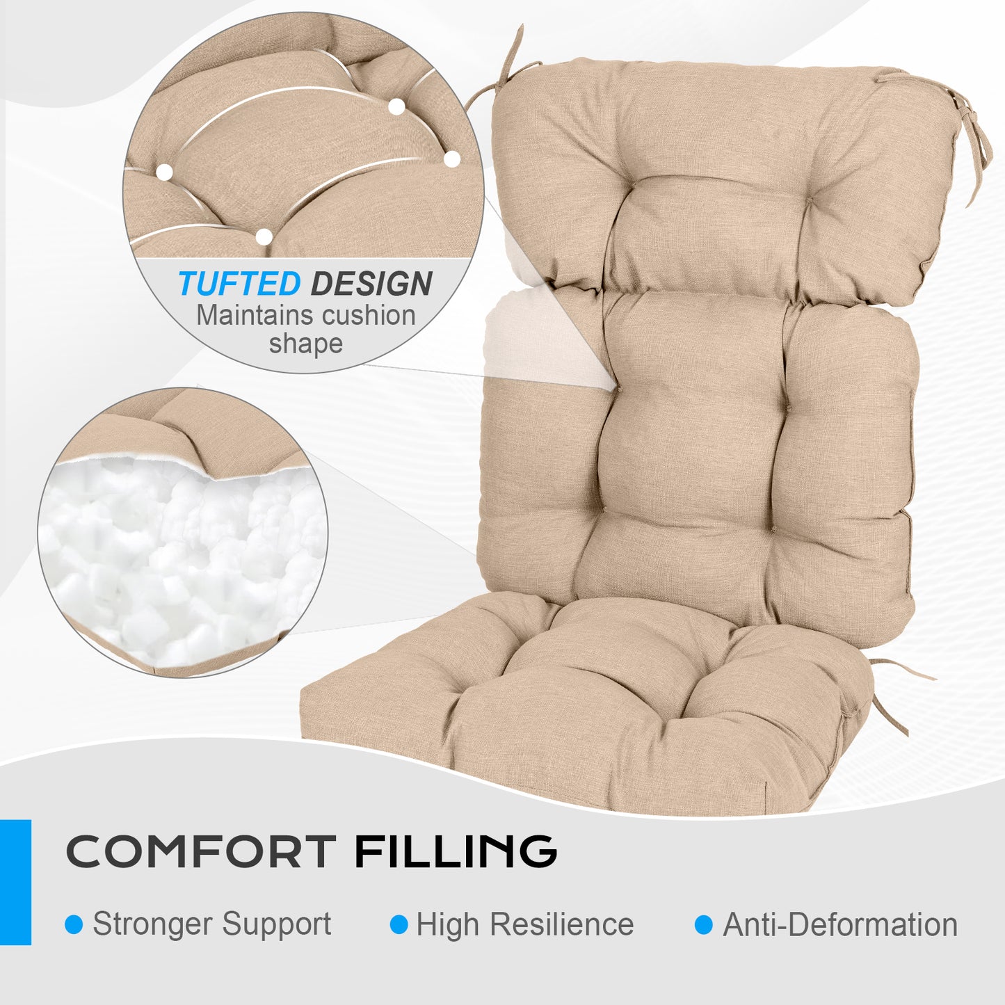 Tufted Outdoor High Back Cushions Patio Replacement Chair Cushion, Khaki